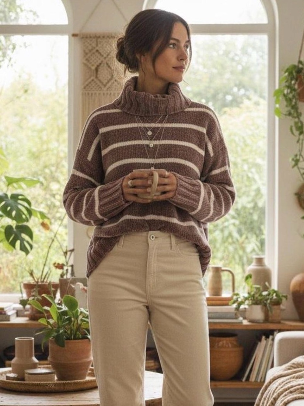 POL Striped Cowl Neck Sweater in  mocha and cream